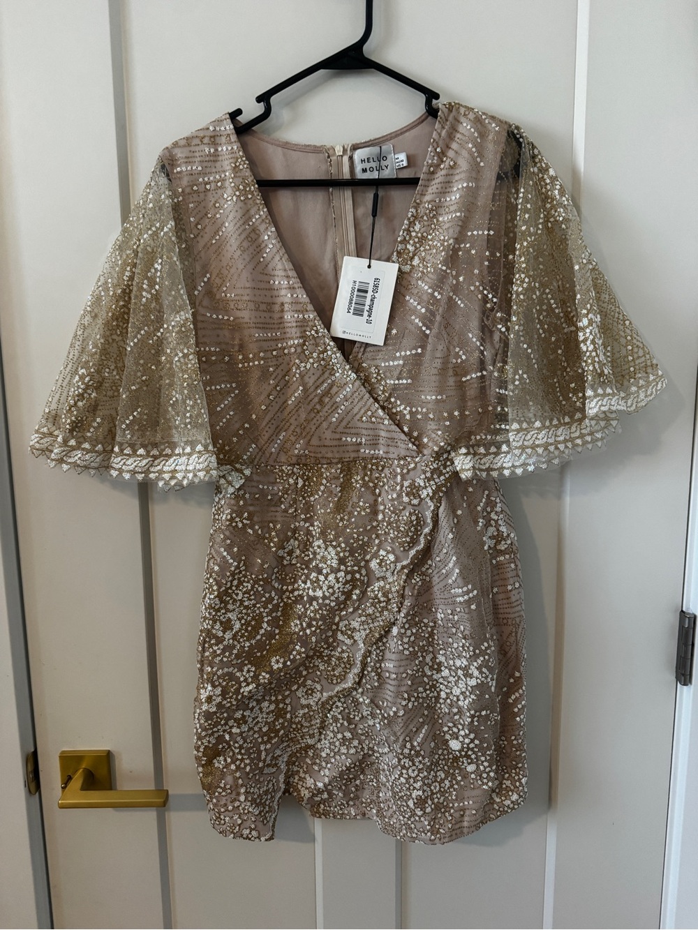 Hello Molly Champagne Sequin Wrap Mini Dress size m 6 - Picture 5 of 9
